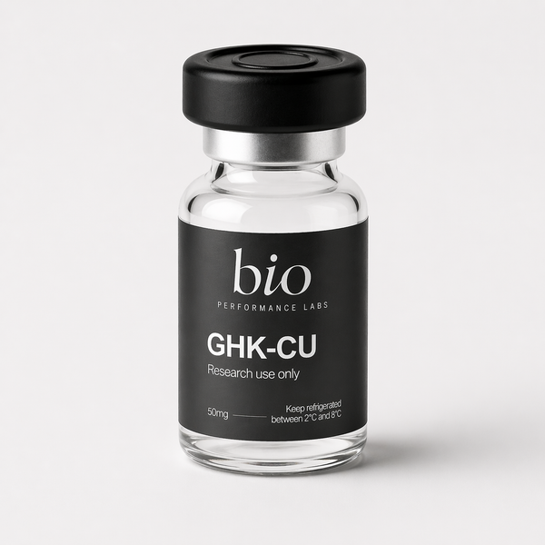 Glass vial labeled 'bio Performance Labs GHK-CU' on a light gray background